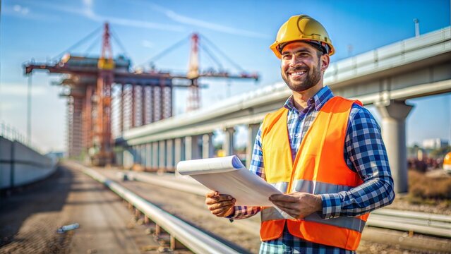 مهندس عمران در حال بررسی پروژه ساخت و ساز با استفاده از ابزارهای دیجیتال