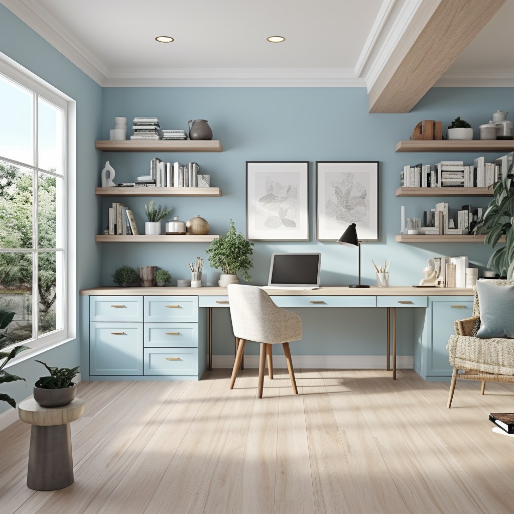 کابینت‌های رنگارنگ در اتاق مطالعه، ترکیب زیبای رنگ و ذخیره‌سازی کارآمد