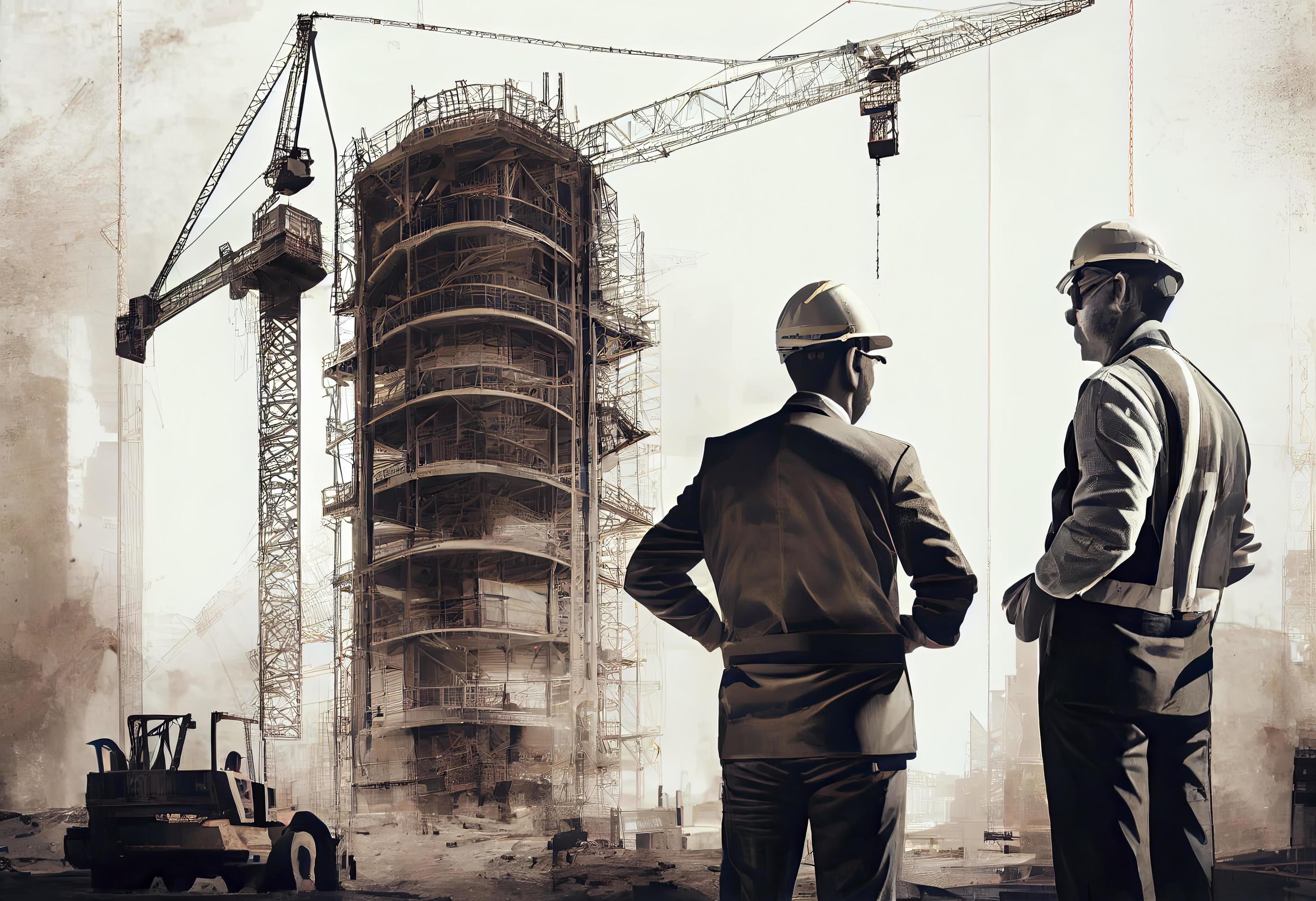 مهندس عمران در حال مشورت با معمار در یک سایت ساختمانی با کرین و ساختمان در حال ساخت