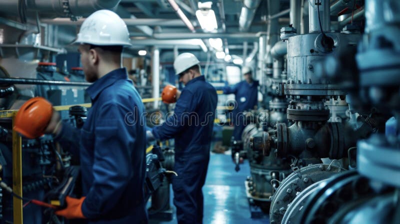 مهندسان در حال انجام نگهداری دوره‌ای در موتورخانه با تجهیزات پیشرفته