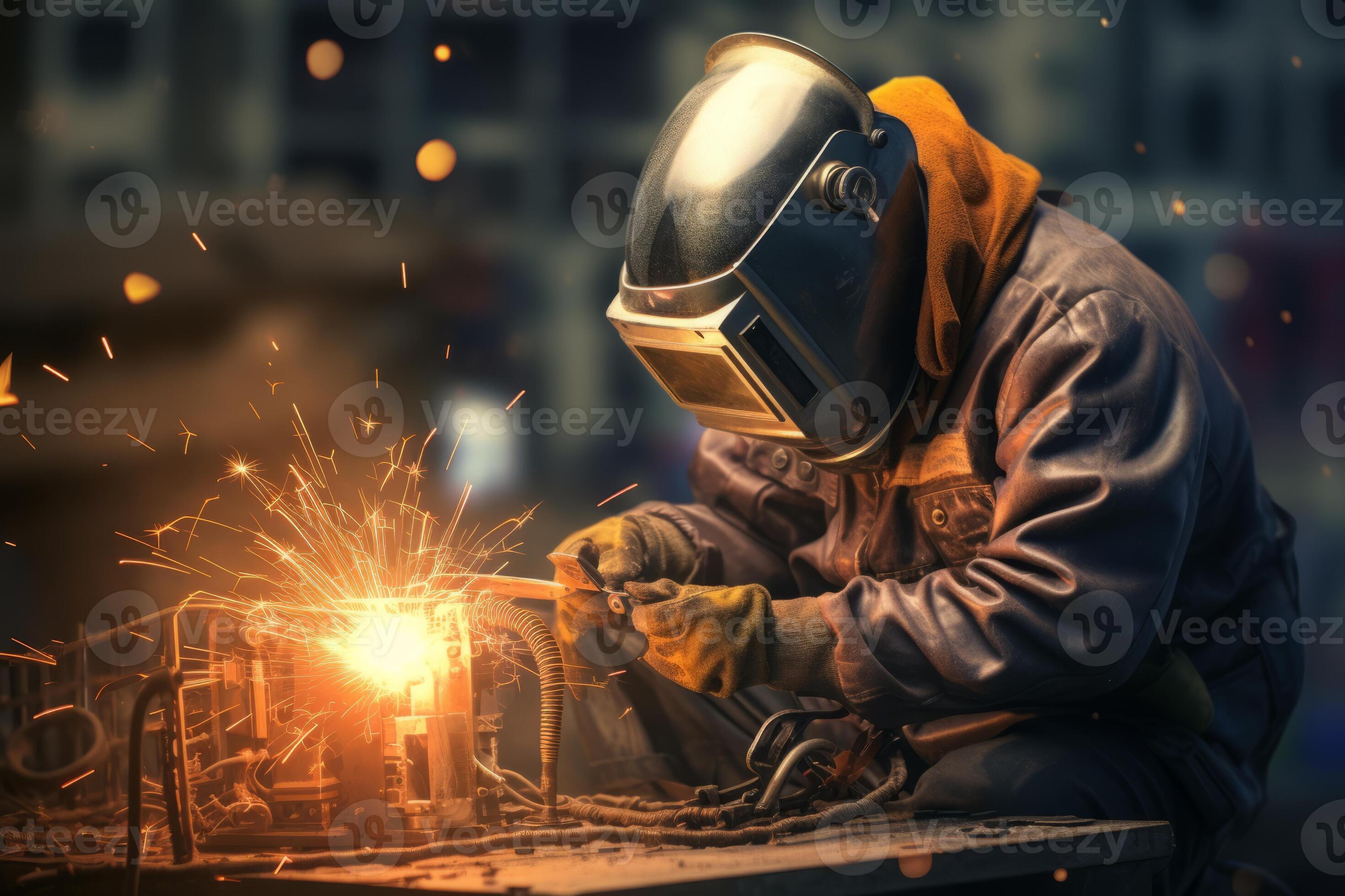 جوشکار حرفه‌ای در حال کار با تجهیزات حفاظتی و جرقه‌های روشن، نشان‌دهنده تکنیک‌های پیشرفته جوشکاری در سازه