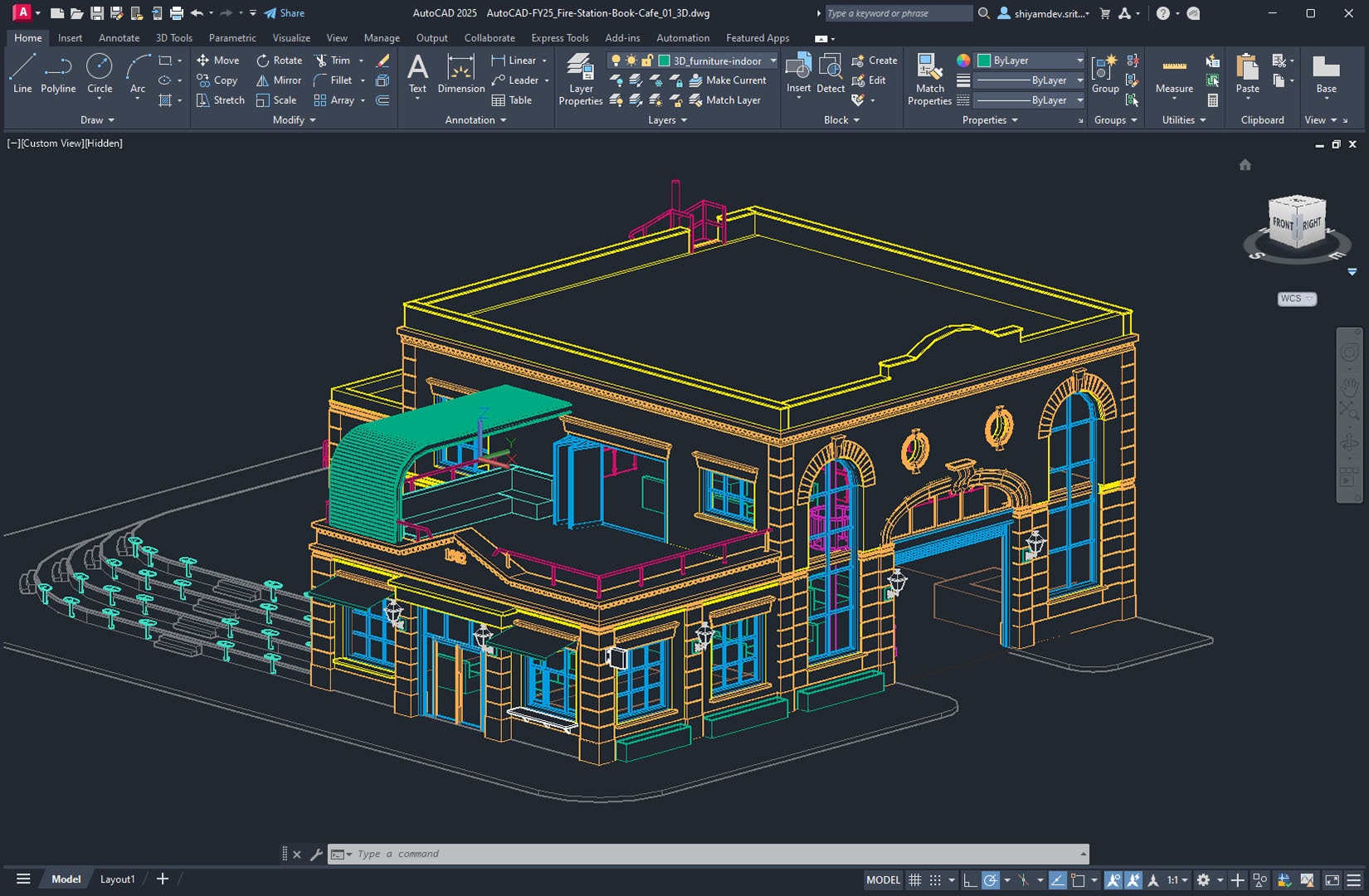 نمونه نقشه دو بعدی در AutoCAD با استفاده از لایه‌های مختلف برای دیوارها و تجهیزات